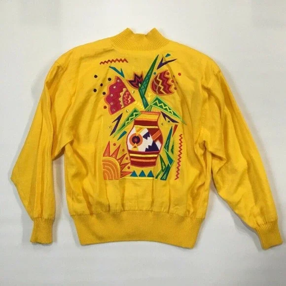 Vintage Floral Embroidered Jacket L Yellow Art to Wear Southwestern Flower - Picture 3 of 10